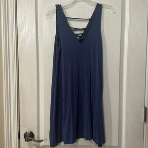 Poof! Size small, sleeveless lace, neckline, front and back blue dress